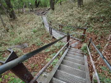 下降地点から湖岸を目指す
