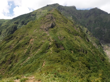 登山道を見上げる